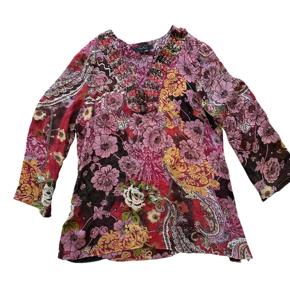 ECI New York Womens Large Pink Floral Paisley Beaded V-Neck Sheer Tunic Top Boho